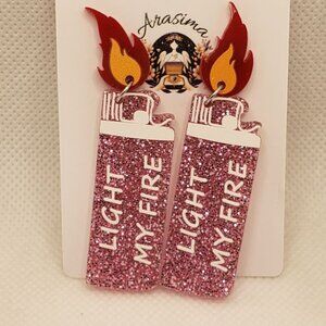 🔥 Lighter Earrings Dangle Light My Fire Sexy Pink Glitter Earring Pair